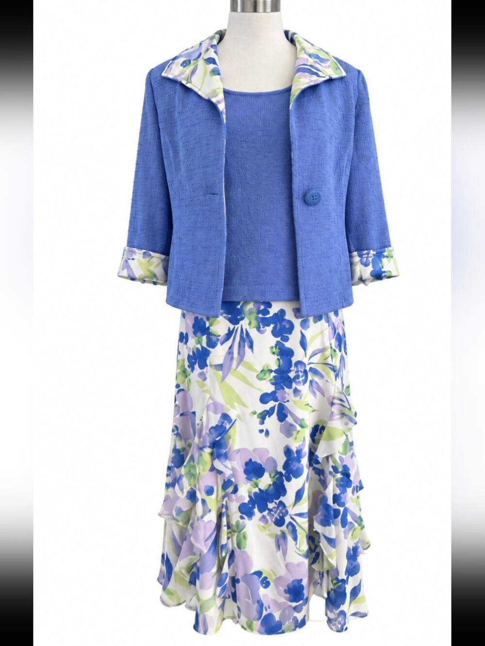 St John Santana Knit 3PC Suit Set Periwinkle Blazer/Shell/Silk Floral Skirt-SZ 6